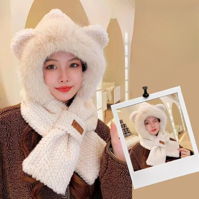 Cute Cartoon Fox Ears Plush Scarf Set Women Faux Fur Keep Warm Winter Hat Children Parent Neck Circle Scarf Ski Snow Hat Cap