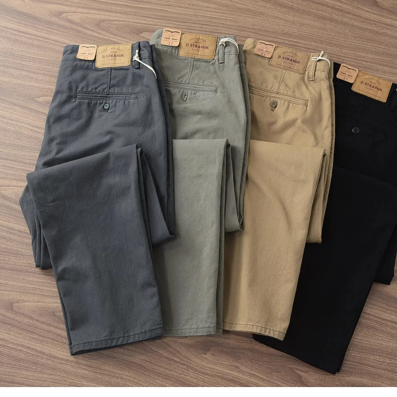 2024 Spring and Autumn New American Retro Woven Twill Cargo Pants Men's Simple 100% Cotton Washed Casual Chino Straight Trousers