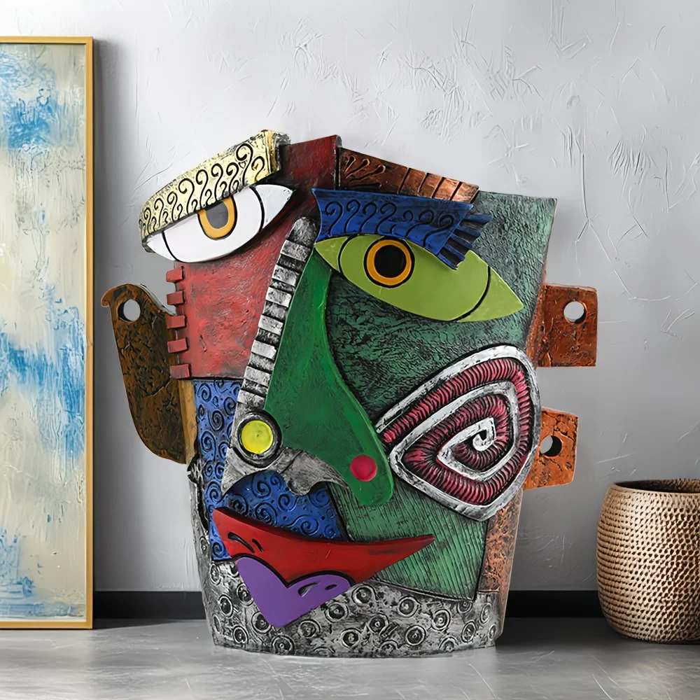 Resin Abstract Face Colored Flower Pot Unique Indoor Outdoor Garden Decor Artistic Flower Pot Drainage Holes Irregular Shape