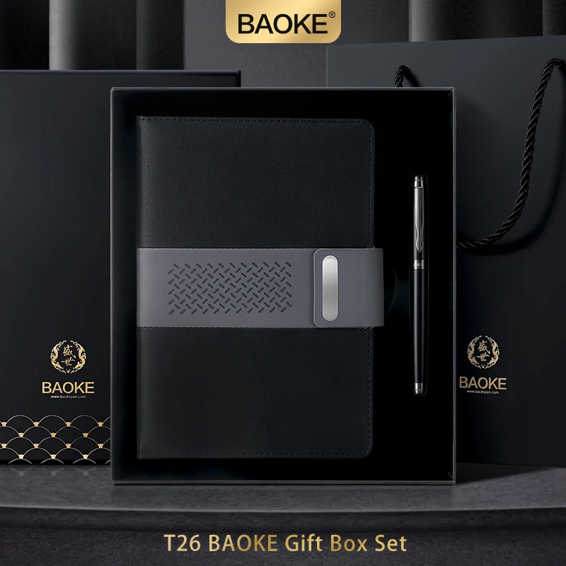 baoke-t26-ビジネス絶妙なギフトセットブラック、グレー-pu-レザーノートブック-07-ミリメートルメタルブラックペン-96-枚ノートブック