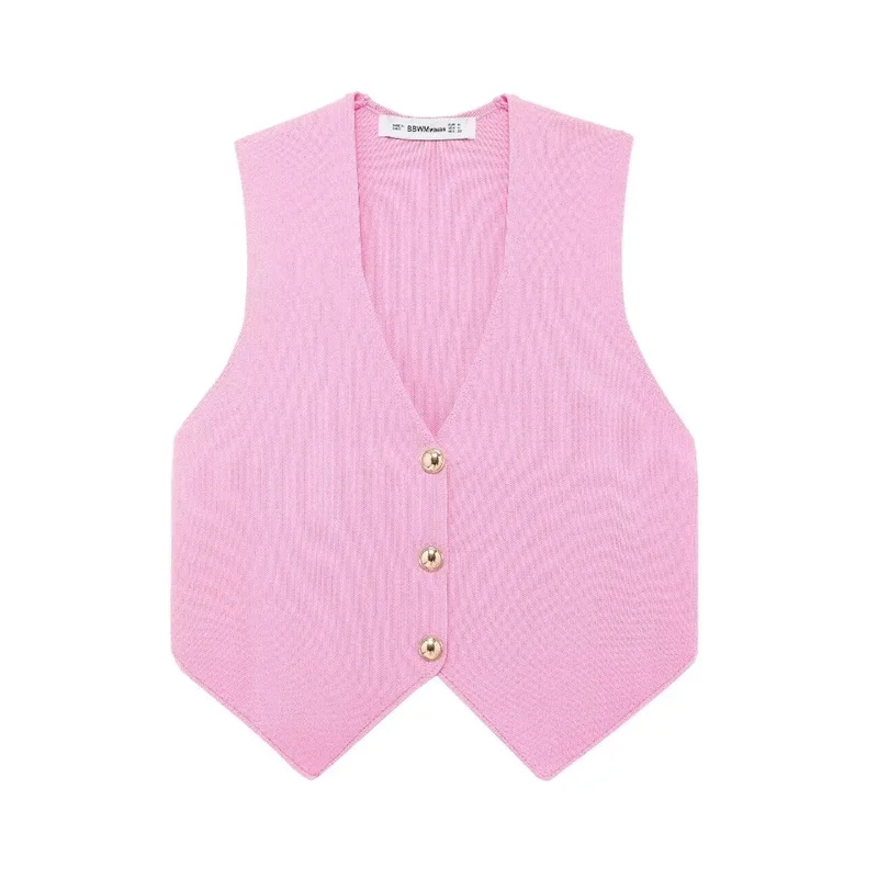 TRAF Pink Knit Vest Women Cropped Sleeveless Vest Woman Fashion Summer Short Coats Knitted Vest Top Female 2024 V Neck Waistcoat