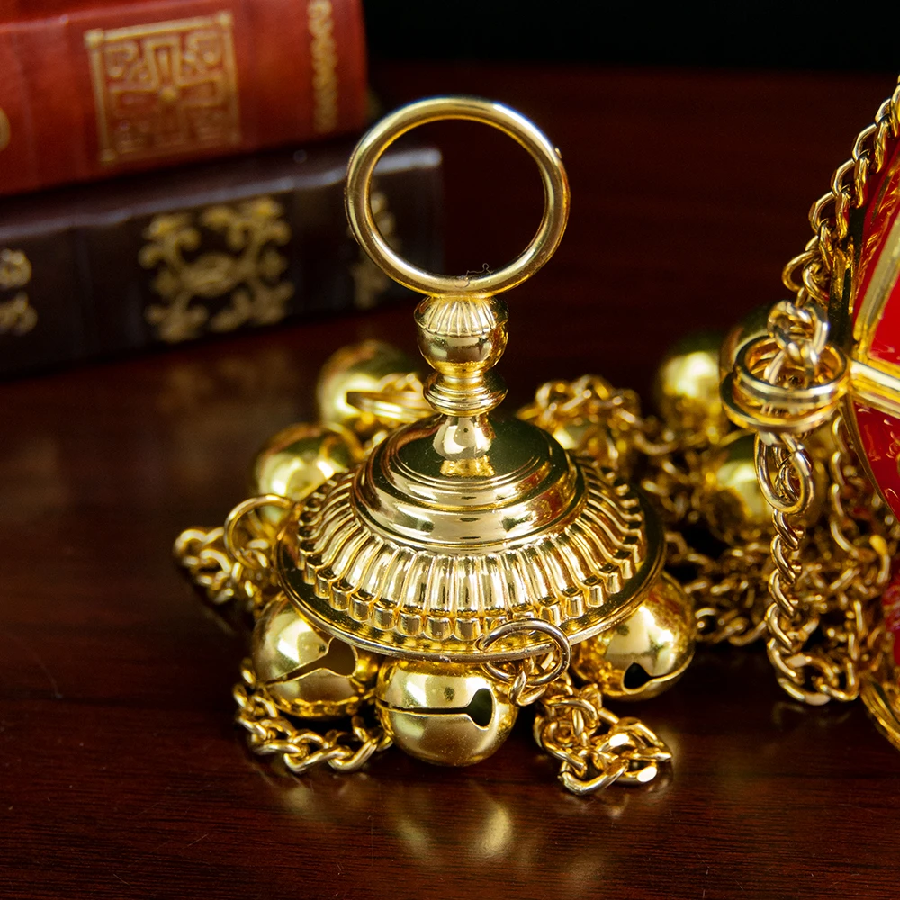 Hot Sale Luxury Red Enamel Orthodox Thurible Hexagon Cross Emboss Multi Golden Bells Chain Incense Censer Church Liturgical Para