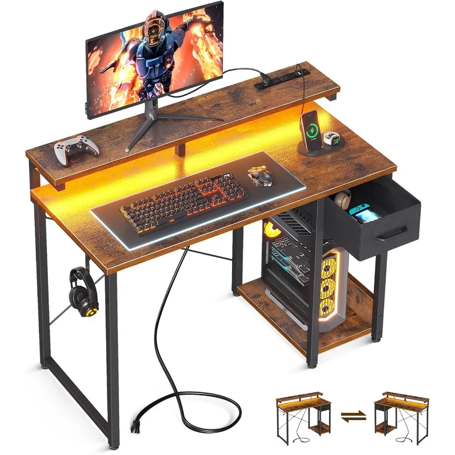 

40 Inch Gaming Desk with Builtin LED Lights and Power Outlet for Home Office Setup Reversible Design with Drawer Monitor Stand