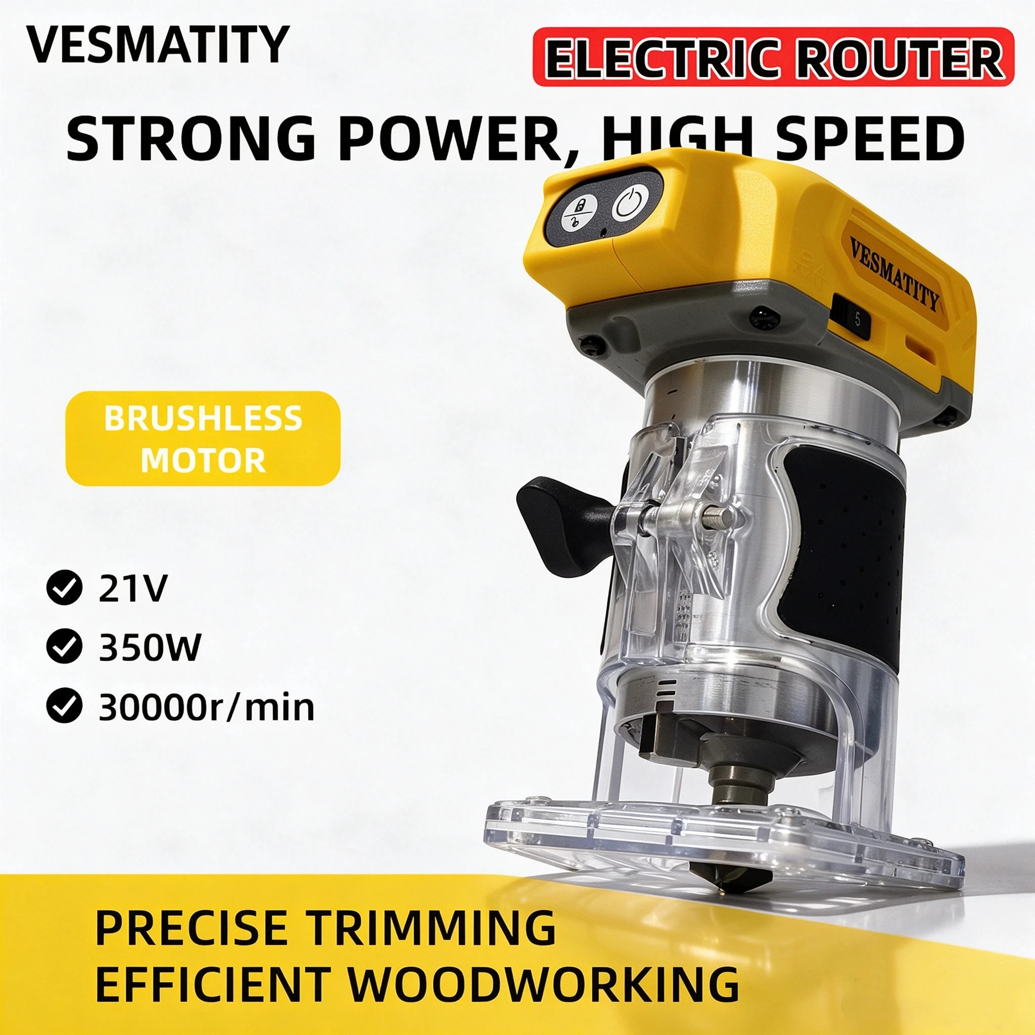 Portable Cordless Trim Router 21V Brushless 33000RPM 6-Speed for Laminate Edge Banding Grooving Engraving Wood Router Tool