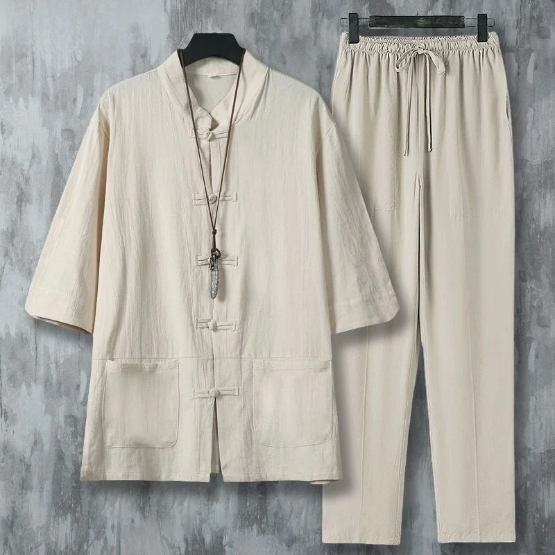 

Summer 2025 Loose Cotton Linen ort Sve irt Set Stand Collar Five Sve irt Ethnic Sle Men's Clothing Tang Suit