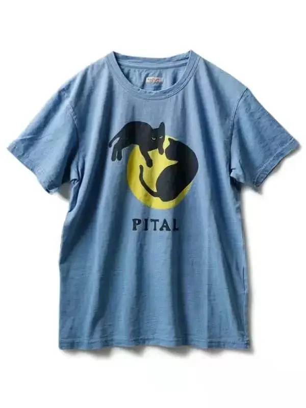 

KAPITAL Hirata Hiroshi Black Cat and Moon Blue Dyed Short Sleeved T-shirt Women Men Summer Tops