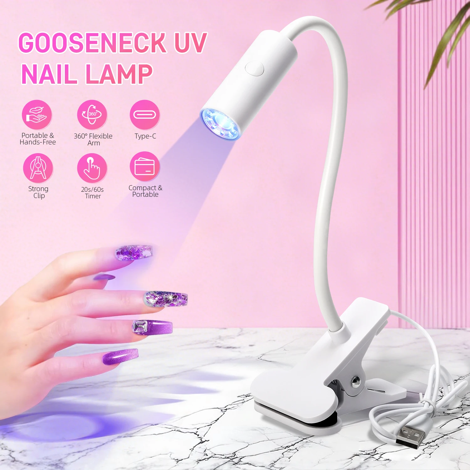 مصباح أظافر معقوفة مع مشبك USB للأشعة فوق البنفسجية LED مصباح أظافر لعلاج طلاء الأظافر الجل 360 °   مجفف أظافر دوار بدرجة للاستخدام في الصالونات المنزلية