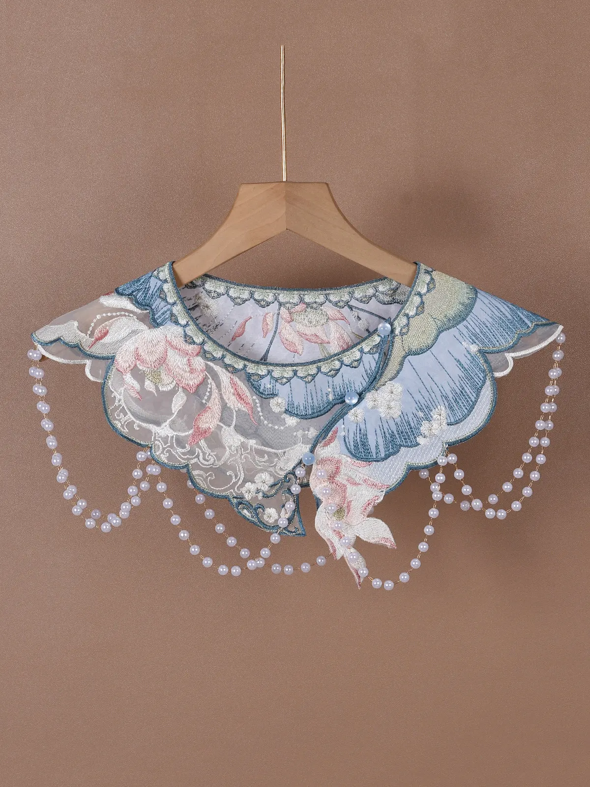 Detachable Fake Collar Chinese Traditional Hanfu Cloud Shoulder For Kids Girls Lotus Floral Embroidered Ruffled Irregular Blue