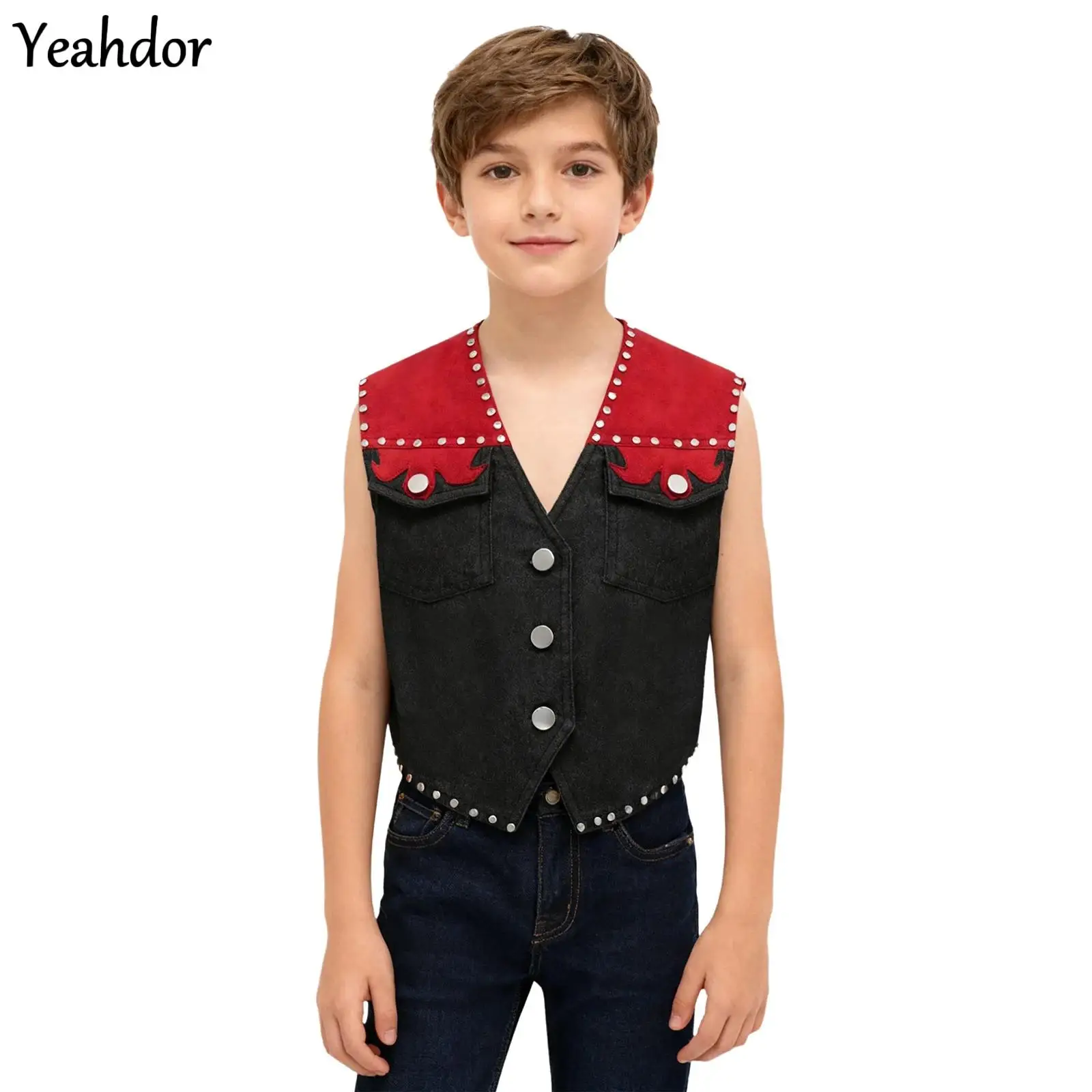 

Fantasia Western Cowboy Cowgirl Costume Rivet Fringe Denim Cowboy Vest Cardigan Waistcoat +Hat Bandana Suit Halloween Dress Up