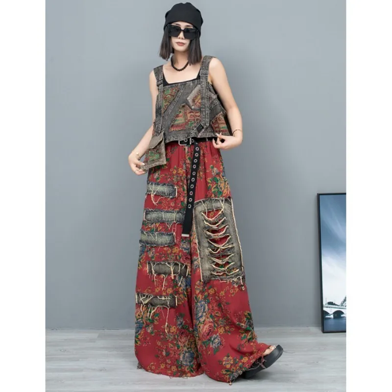 

2024 Summer New Two Piece Set Printed Denim Suspender Vest + Wide Leg Pants Women Personalized Fashion Pant Set LX693