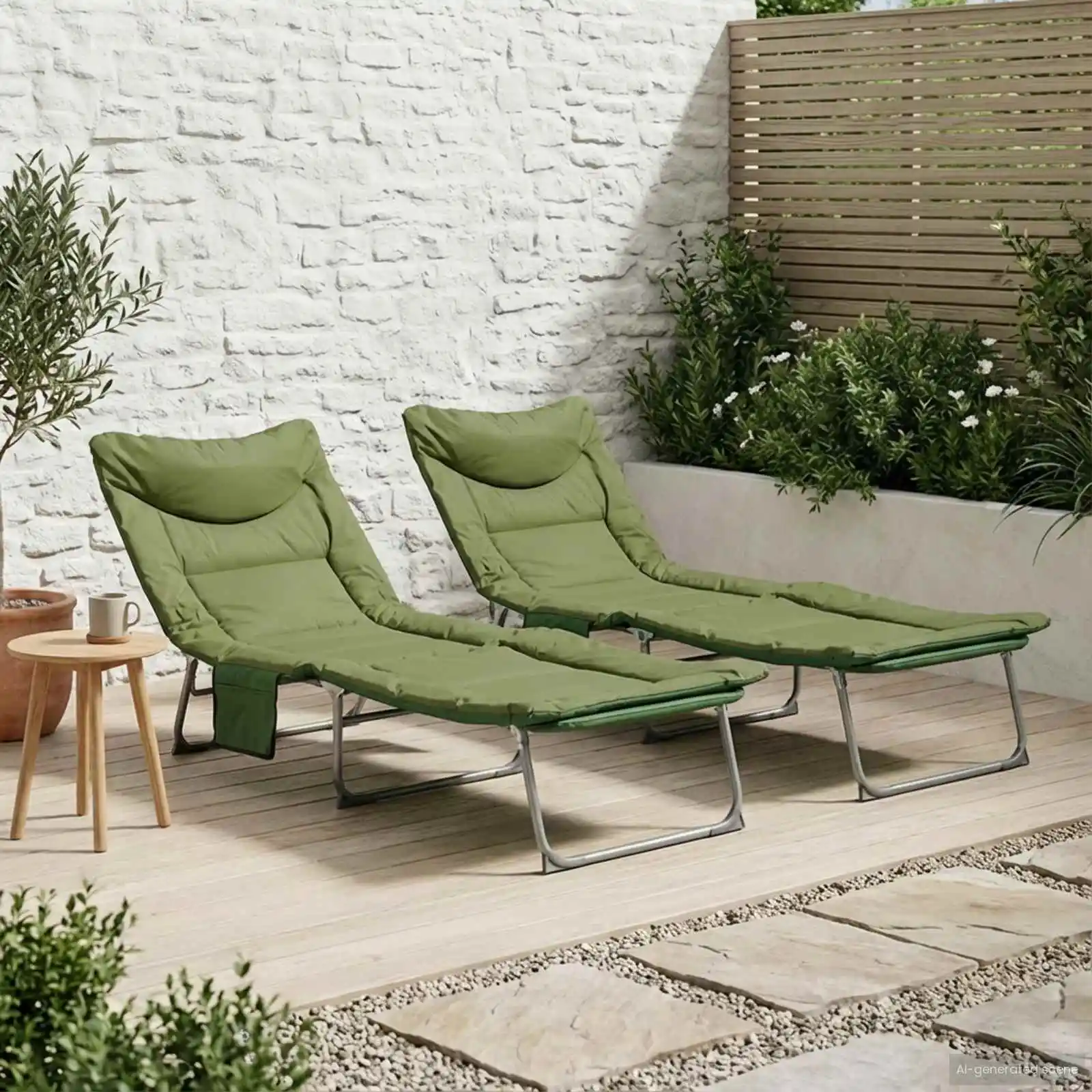 Chaise longue pliante avec coussin, 2 pièces, vert foncé, chaise longue d'extérieur pour jardin, patio, piscine, relaxation