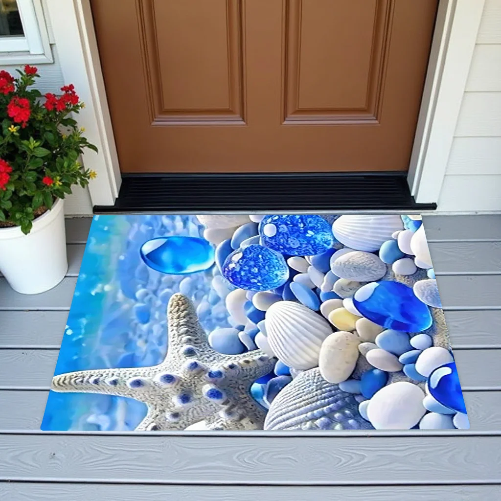 Blue Seashell Starfish Doormat Coastal Beach Theme For Bathroom Kitchen And Entryway Use