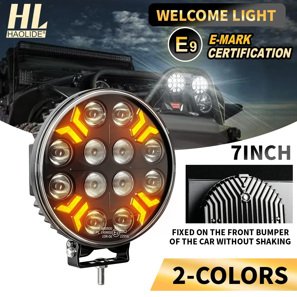 

HAOLIDE 7inch round E9 LED Work Light Dual Color 6000K 3500K Welcome Flowing DRL Strobe Flashing for Truck Offroad Jumbo 12V 24V
