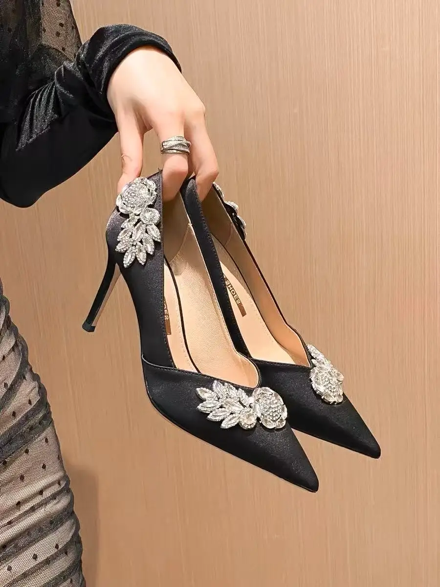 

Crystal Rhinestones Diamond Women Shoes Wedding Party Banquet High Heels Luxury Satin Sexy Shoes Pointed Toe Thin Heel Pumps