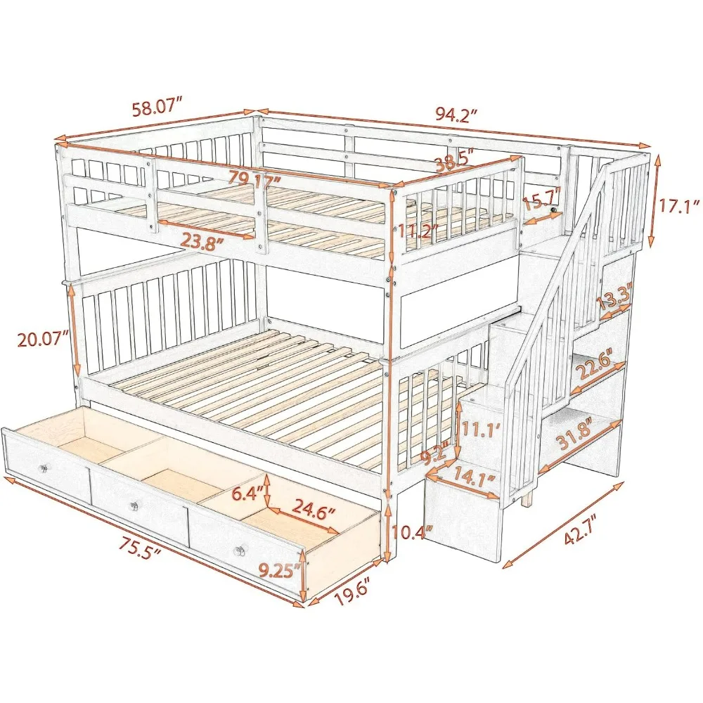 Stairway Bunk Bed with 3 Storage Drawers and Staircase, Wood Storage Bunk Bed Frame with Guardrail, Can Be Separated Into 2 Beds