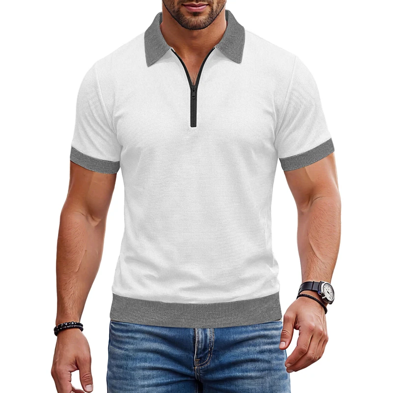 Summer Anti-Pilling Polos Men Patchwork Short Sleeve Turn Down Collar Pull On Polo Shirt Man Business Casual Contrast Color Tops