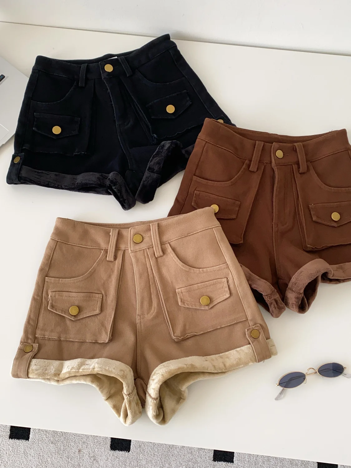 ريترو ارتفاع الخصر Thiened Fce المرأة ort السراويل مع كيتس Faionable الكورية Sle الخريف الشتاء مثير حار تنوعا... #1