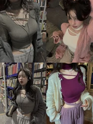 Subculture Vintage Y2k Crop Top Blouse Sexy Long Sleeve T-shirt Female Bodycon Korean Slim Gothic Elegant Tshirts Harajuku Tees