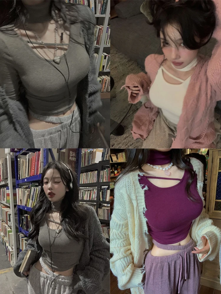 Subculture Vintage Y2k Crop Top Blouse Sexy Long Sleeve T-shirt Female Bodycon Korean Slim Gothic Elegant Tshirts Harajuku Tees