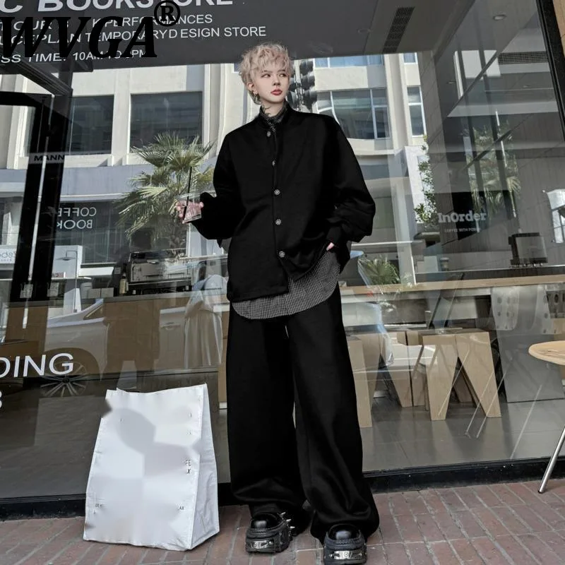 WVGA 2026 Spring New Men Tide Solid Color Stand Collar Fake Two-Piece Sweatshirt Niche Chic Casual Wide-Leg Pants Set Ins W18867