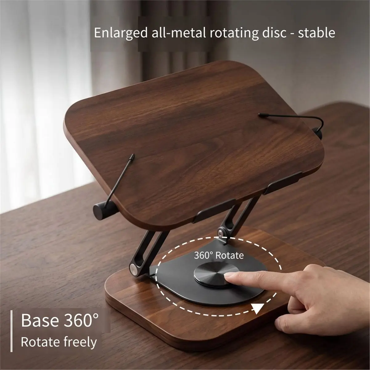 Heavy Book Stand with Expandable Page Holders Adjustable 360 Rotating Base Ergonomic Black Walnuts Storage Tray