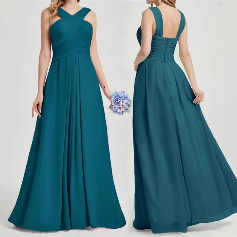 A Line Chiffon Pleat Halter Off Shoulder Bridesmaid Dresses Wedding Party Prom Birthday Evening Cocktail Zipper Back