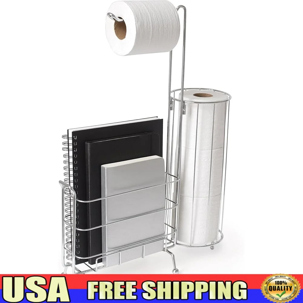 

Free Standing Toilet Paper Holder with Storage Books Bathroom Organizer Rust Resistant Chrome 23x6x11 Inches Easy Install