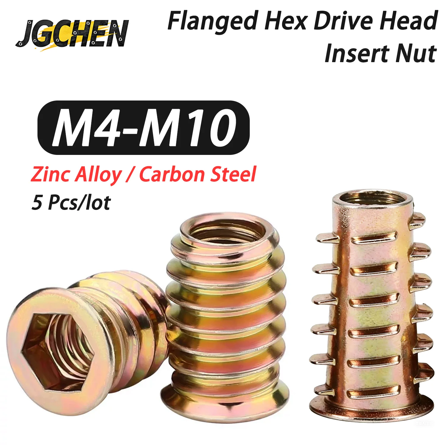 5 Pcs/lot Zinc Alloy Carbon Steel Flat Head Thread for Wood Insert Nut Flanged Hex Drive Head Furniture Nuts M4 M5 M6 M8 M10