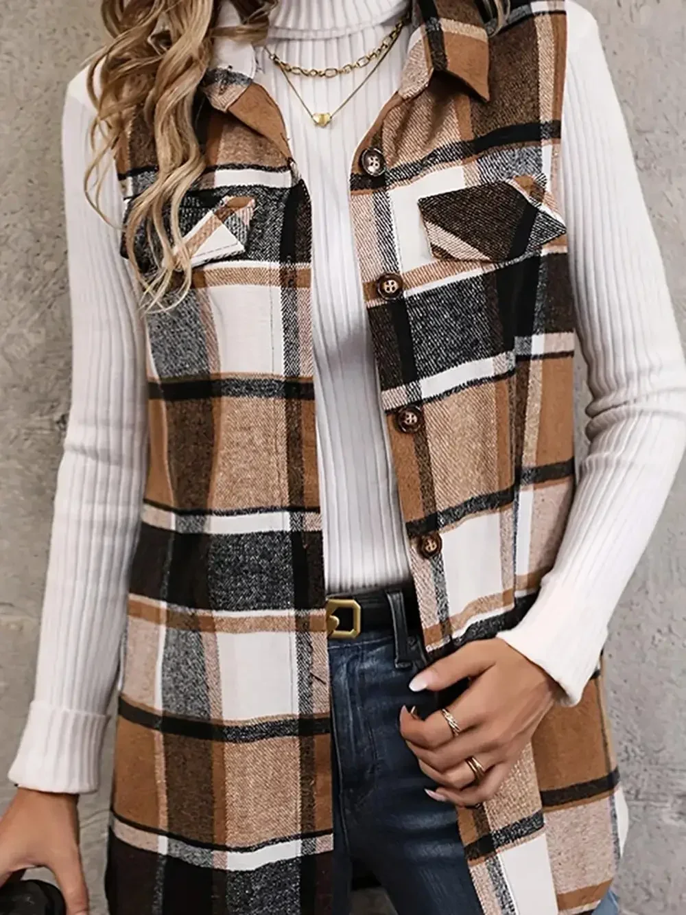 Women Plus Size 1XL-5XL Plaid Print Flap Detail Sleeveless Coat Ladies Fashion Sleeveless Thick Thermal Vest Women Outwear