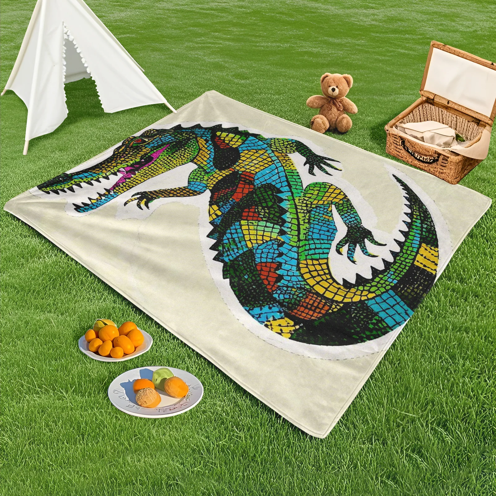 Crocodile Themed Yellow Green And White Cracked Pattern Blanket For Outdoor Use Durable And Stylish Design Ideal