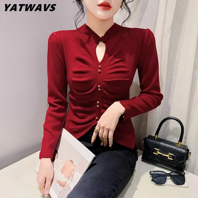 

Women's Stand Collar Sweater Pullover Top 2024 Spring Autumn New Fashion Hollow Out Vintage Split Knit Slim Long Sleeve Shirt