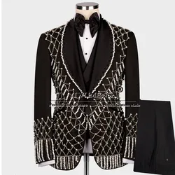 Luxury Pearls Beading Suits Men Formal Party Shawl Lapel Prom Blazer Bespoke 3 Pieces (Jacket Vest Pants) Groom Wedding Tuxedo