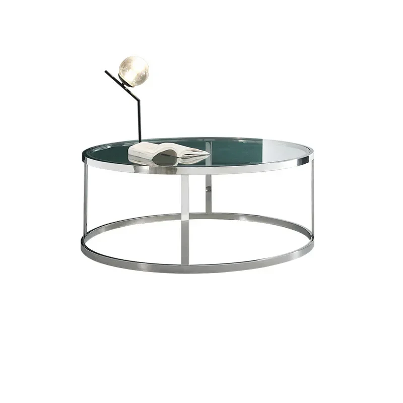 

Italian minimalist stainless steel round coffee table living room tempered glass light luxury high-end designer