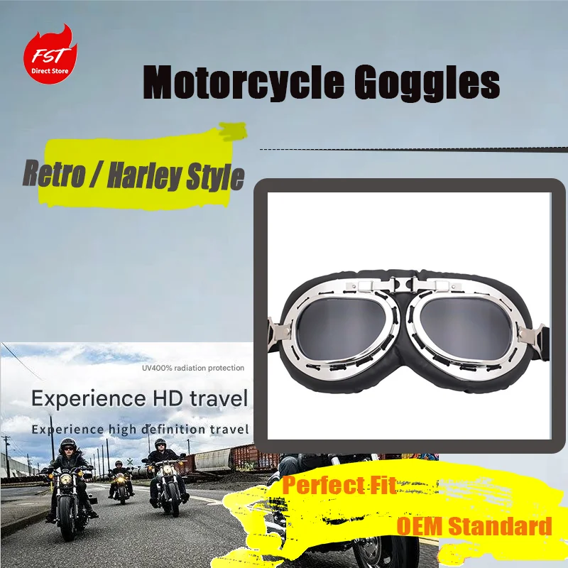 Vintage Pilot Motorcycle Goggles, Classic Wind Deflector Glasses with UV Protection