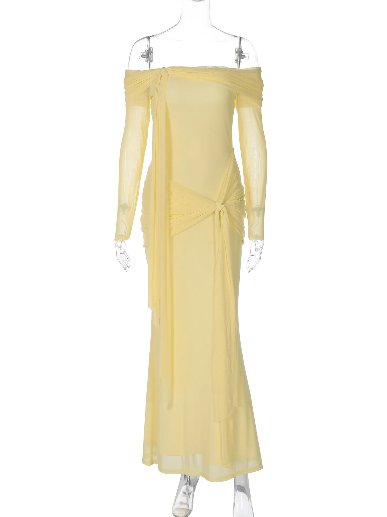 DGLUKE Off Shoulder Long Sleeve Dress Woman Ruched Bodycon Mesh Dress Elegant Draped Long Party Dress