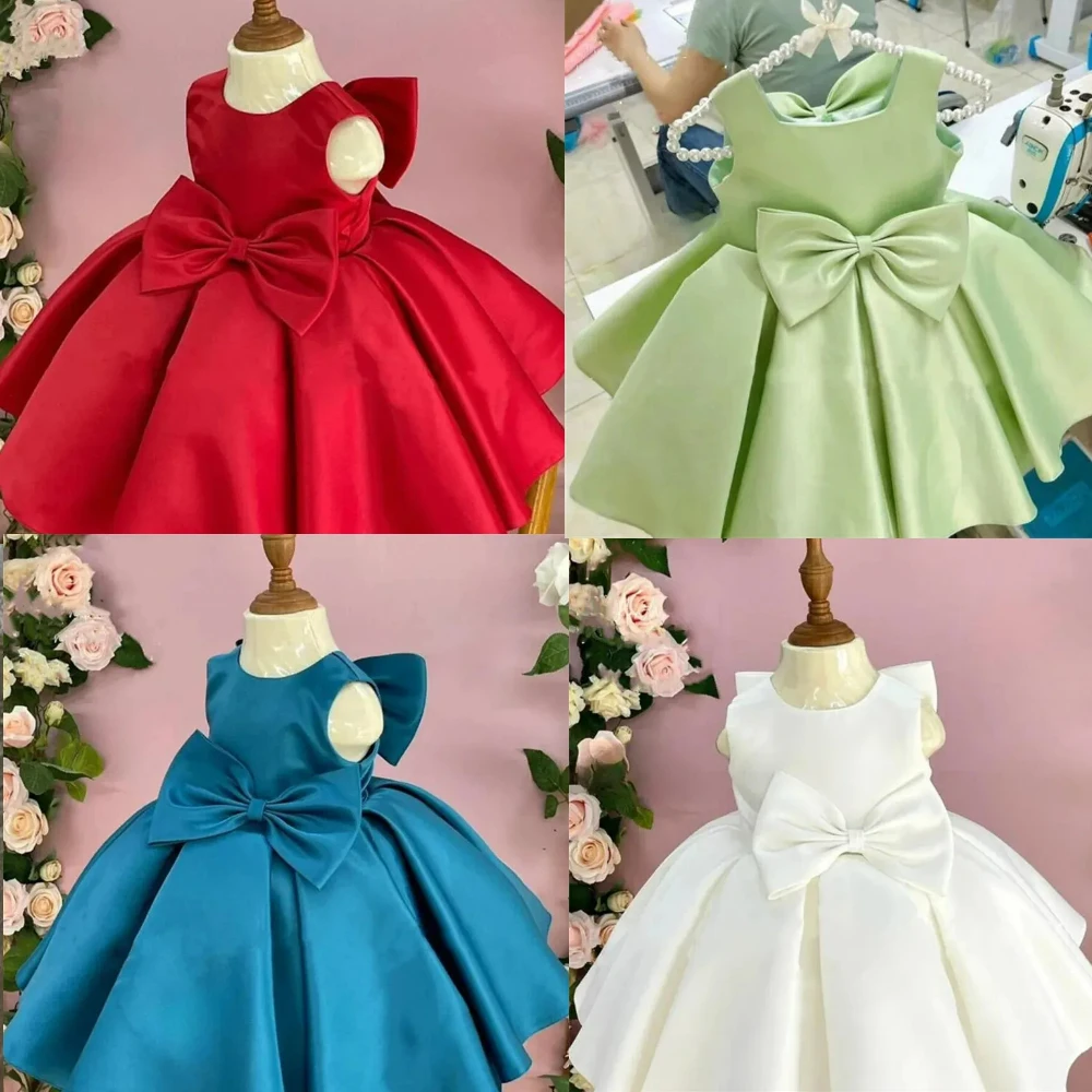 Customized Satin Flower Girl Dress Princess Wedding Bow Sash Party Little Baby Girls Birthday First Communion Evening Gowns