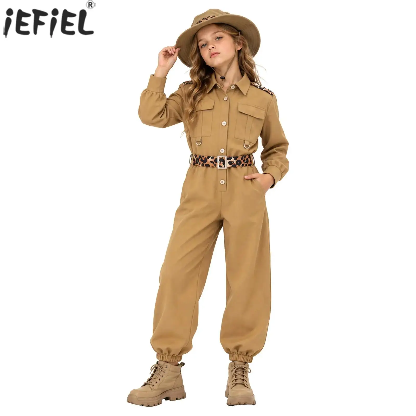 Kids Girls Zookeeper Suit Jungle Explorer Costume Long Sleeve Button Cargo Jumpsuit with Leopard Print Belt Zoo Keeper Outfits