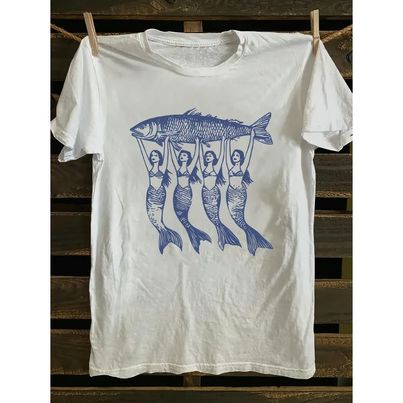 Fantastical mermaid pattern T-shirt - Interesting white women's T-shirt - Short sleeved slim fit casual pattern T-shirt