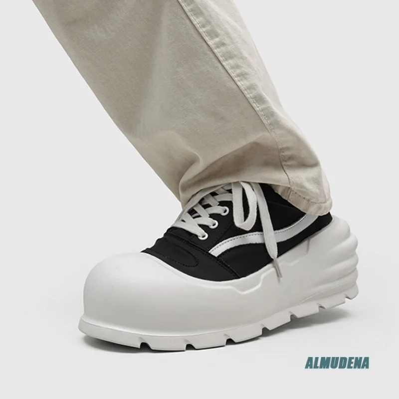 Round Toe Platform Sneakers Men's Lace-Up Low Top Street Style Urban Outdoor Minimalist Fashion Comfortable Canvas Shoes