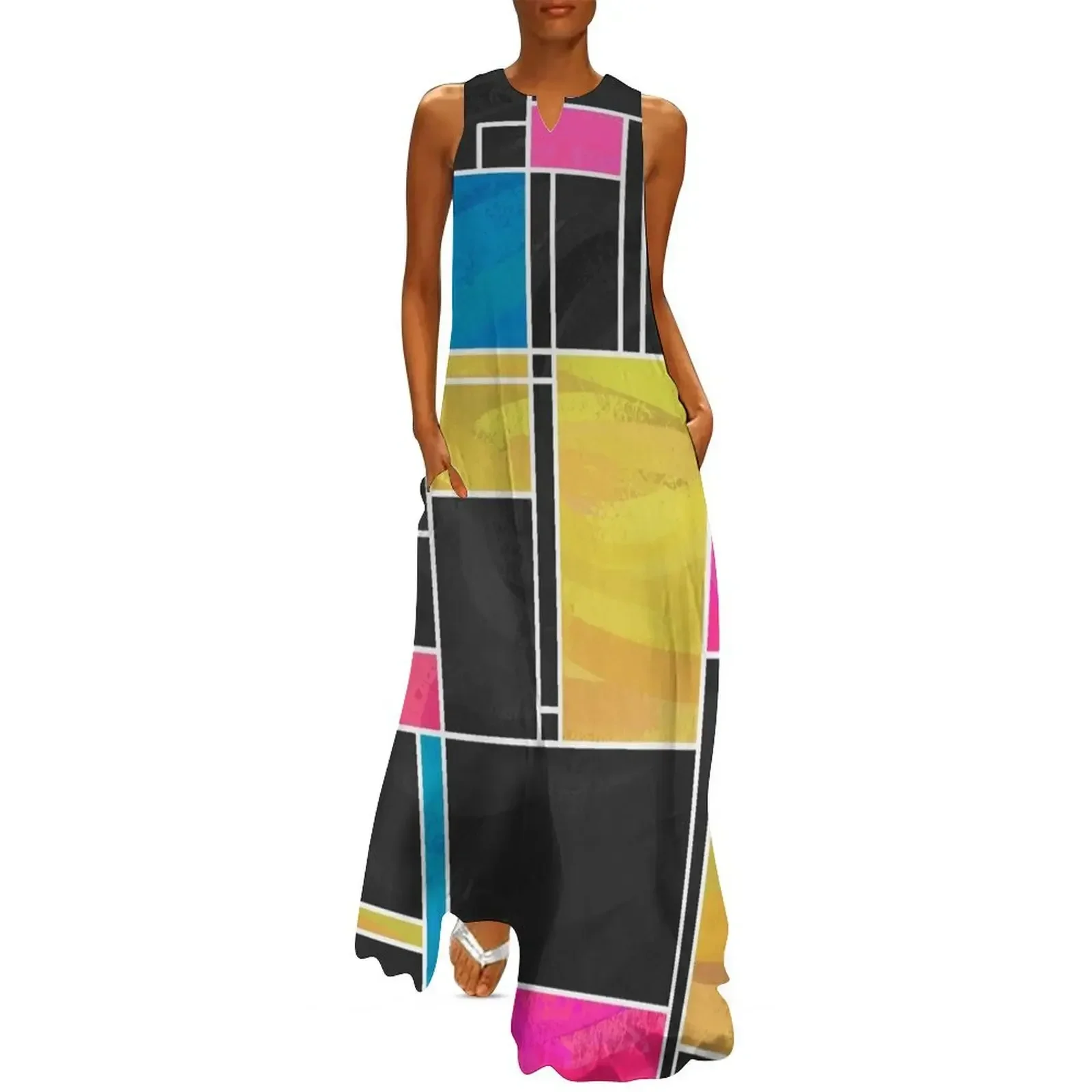 

Mondrian Blue Pink Black Long Dress women dress wedding dresses for parties loose summer dress birthday dresses for women