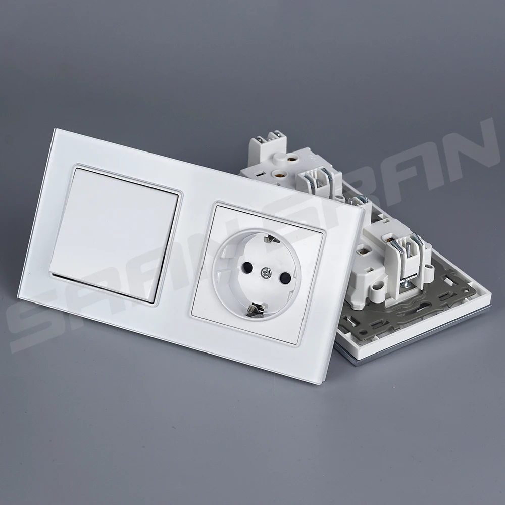 VISWE EU Standard Wall Socket and Switch 1gang 1way 2way, 153*82mm Glass Panel Electrical Outlet Light Switch