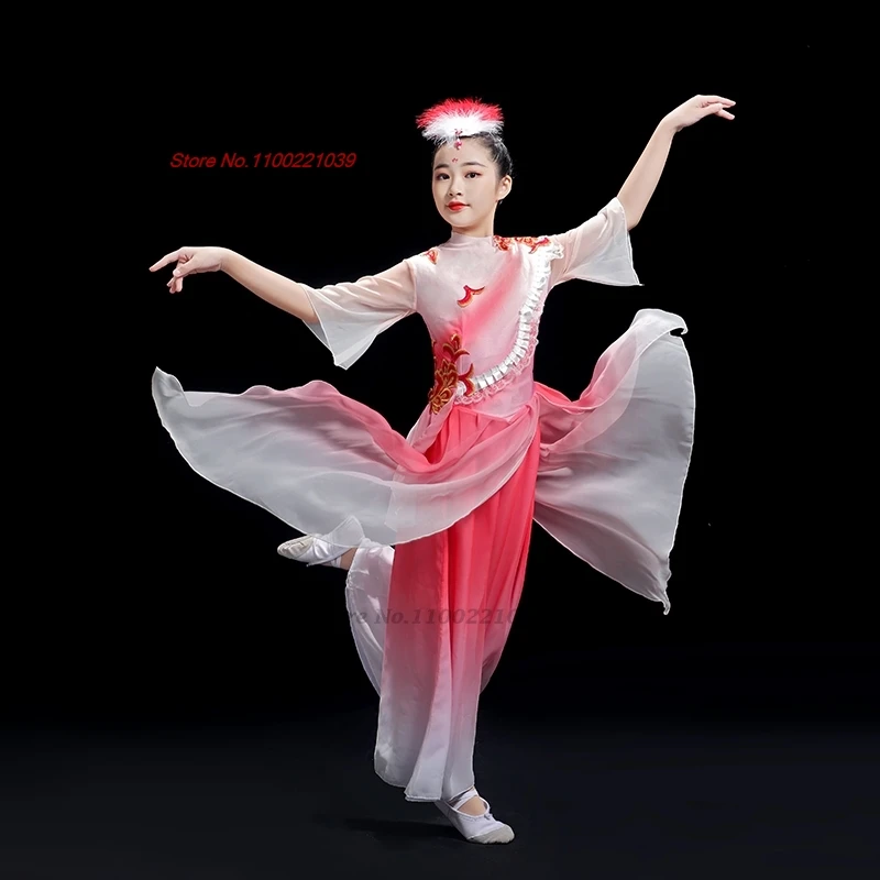 2025 chinese vintage children folk dance costume gradient color chiffon hanfu tops+pants set traditional stage performance dress