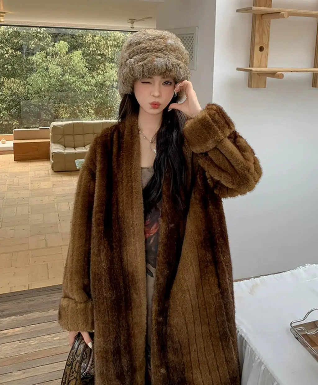 2023 Winter Vintage Brown Embossing Striped Line Faux Fur Coat CHIC Women V neck Full Sleeve Loose Warm Maxi Long Jacket Coat