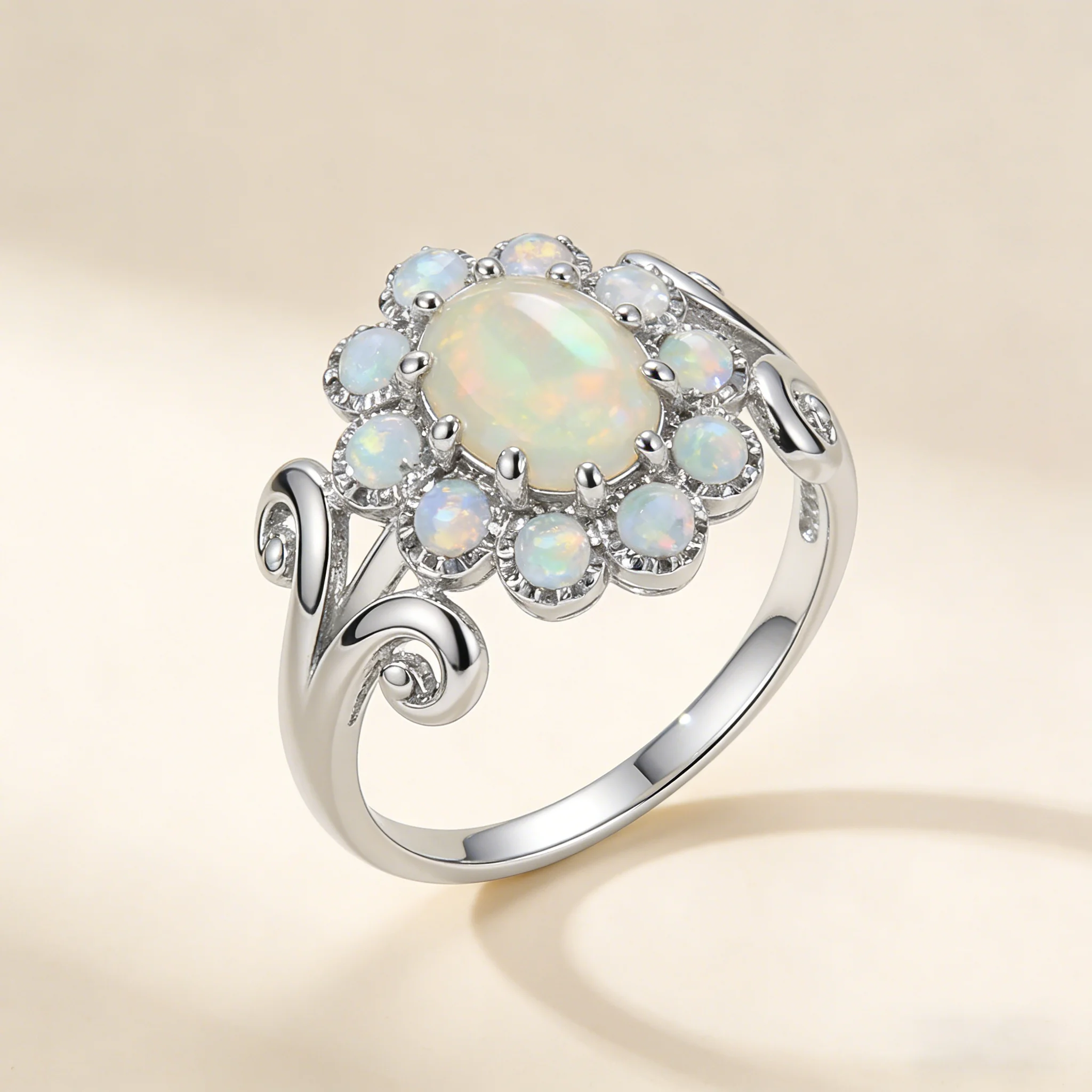 

JieLing Flower Design White Fire Opal & Zircon Fashion Jewelry For Women Vintage Wedding Ring Designer Jewelry Luxury Gift