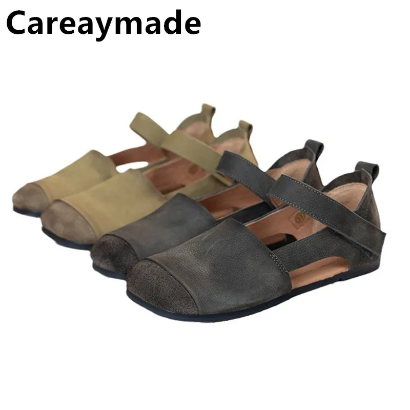 

Careaymade-Genuine Leather handmade women's sandals,shallow mouth round toe flat sole single shoes,soft sole women's shoes