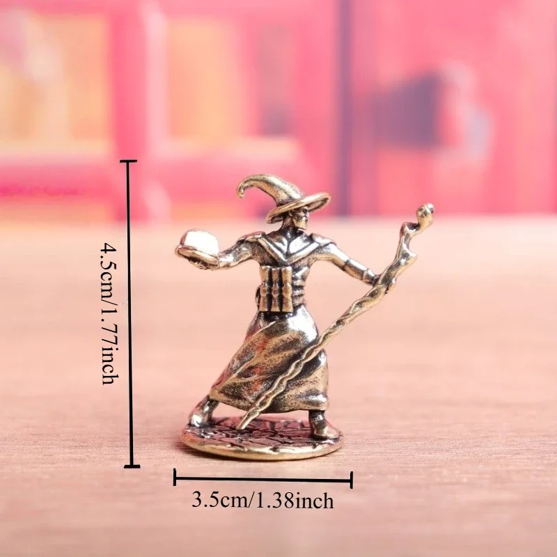 Brass Fantasy Wizard Figurine, Retro Metal Sorcerer Statue with Curved Staff, Desktop Tea Pet Ornament for Home Decor Collection
