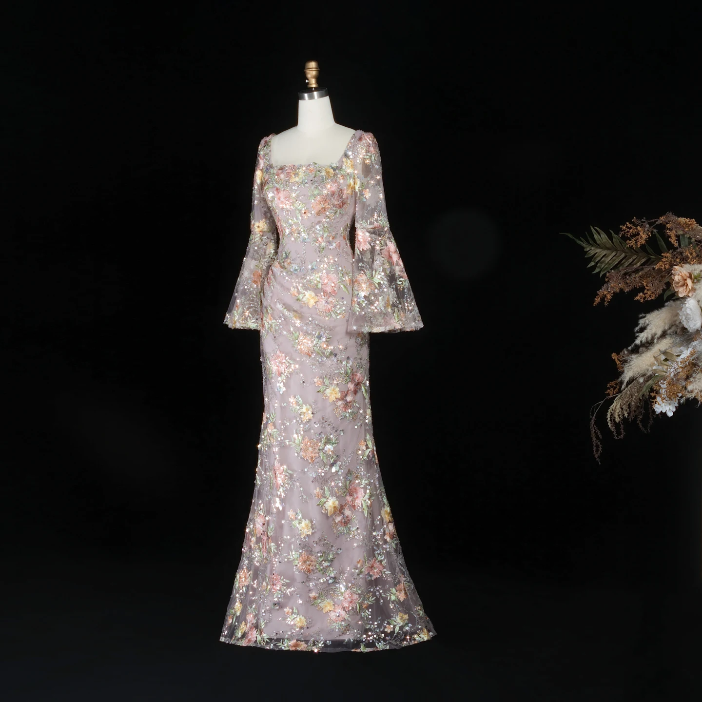 Sharon Said Luxuriöses rosafarbenes, floral besticktes Meerjungfrauen-Abendkleid mit eckigem Ausschnitt, Partykleid für Damen, SS465, maßgeschneidert – Detail 8