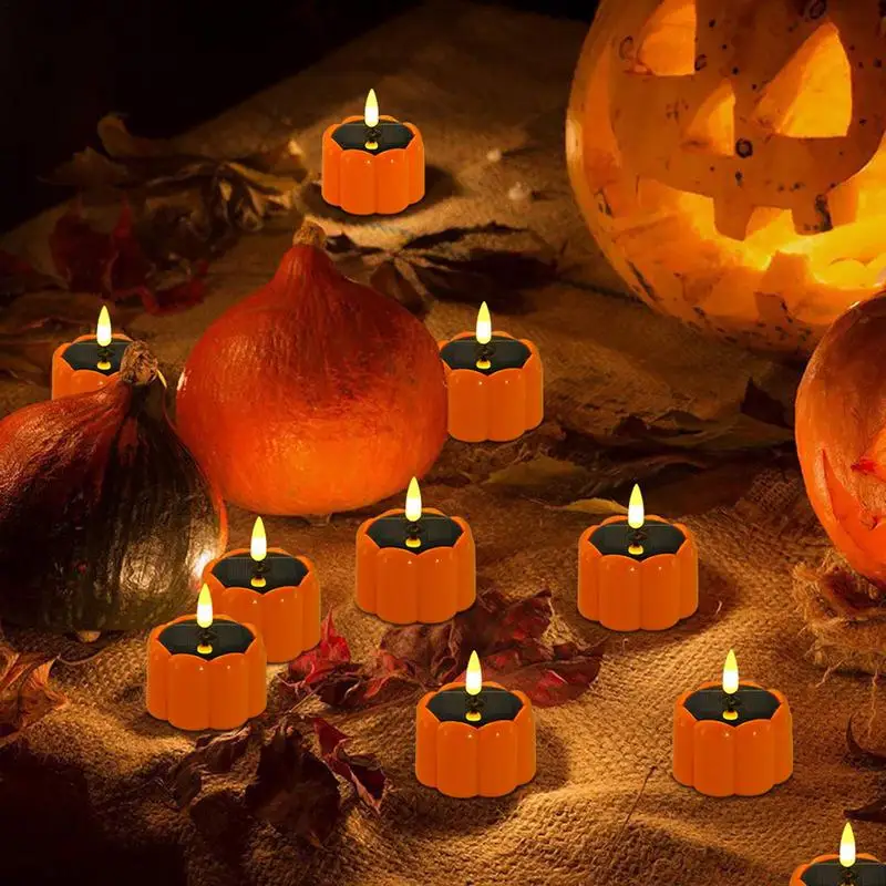 Pumpkin Flameless Candle 6pcs Halloween LED Pumpkin Lights Waterproof Solar Powered Flickering Pumpkin Candle Light For Home