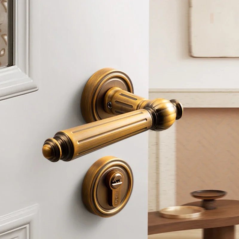 Light Luxury Retro Yellow Ancient Silent Door Lock Magnetic Absorbing Solid Wood Split Door Lock Nordic Indoor Bedroom Door Lock