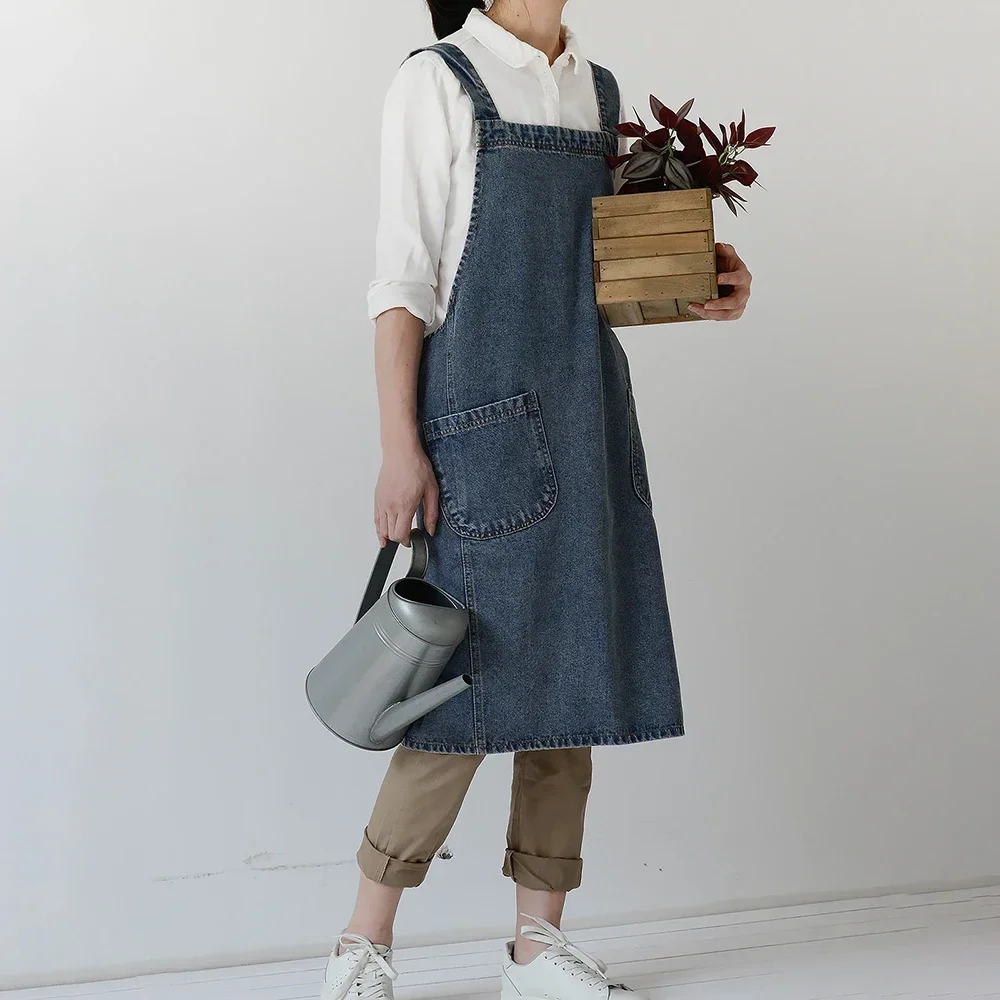 

Ladies Korean Denim Apron for Women Cotton Fabric Garden Kitchen Baking Cooking Aprons Household Cleaning Accessories Dress